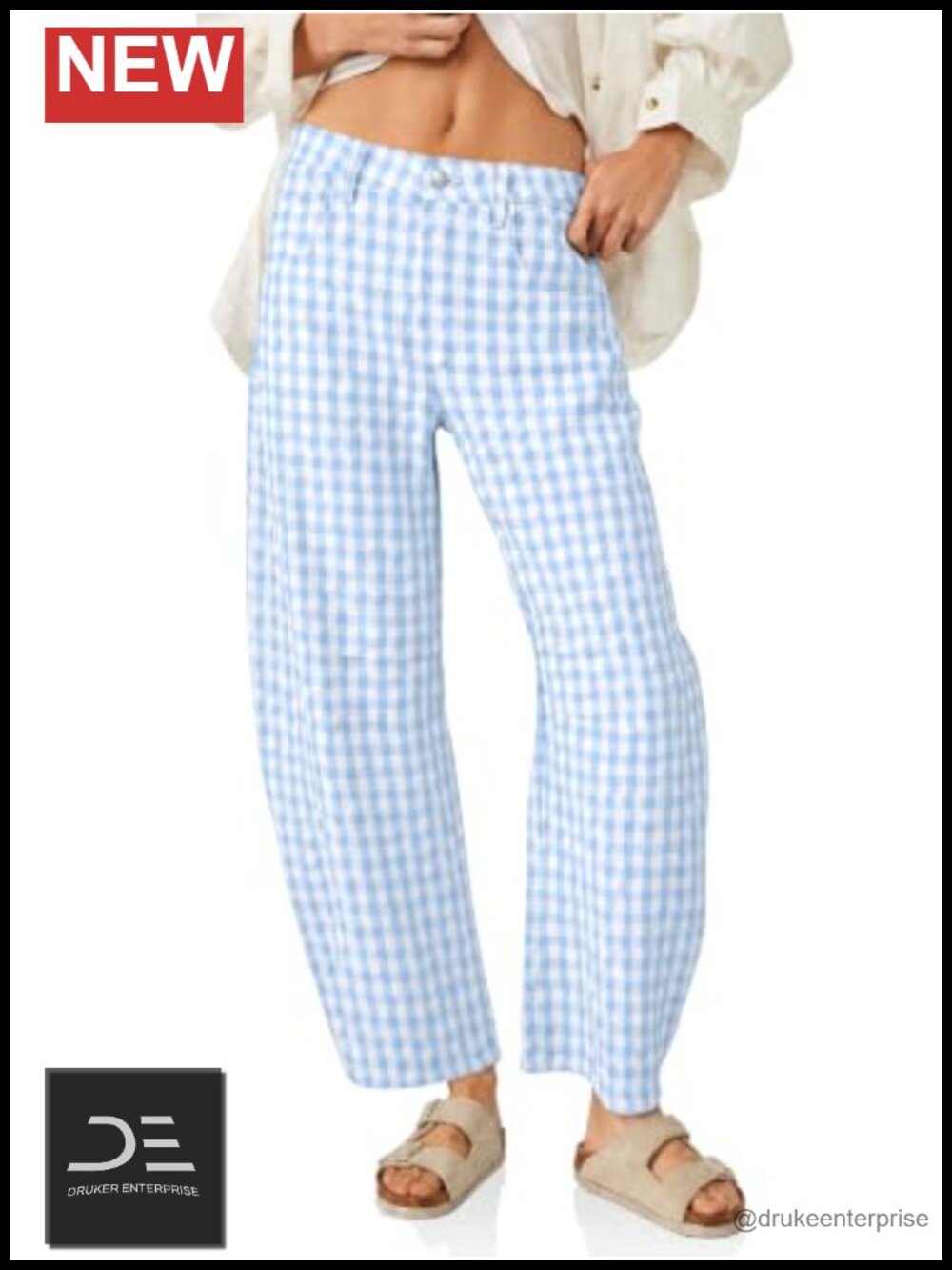 Wide Leg Plaid Barrel Jeans Women's Baggy Mid-Rise Ankle Denim Pants